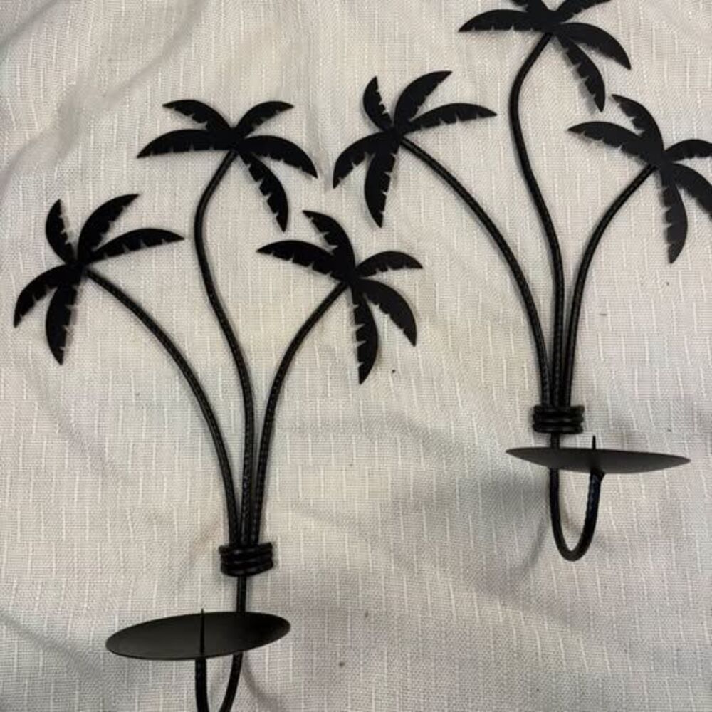 Pair of Black Metal Palm Tree Wall Sconces